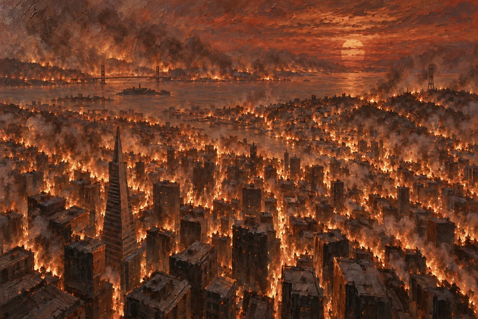 A city burning under a red sun