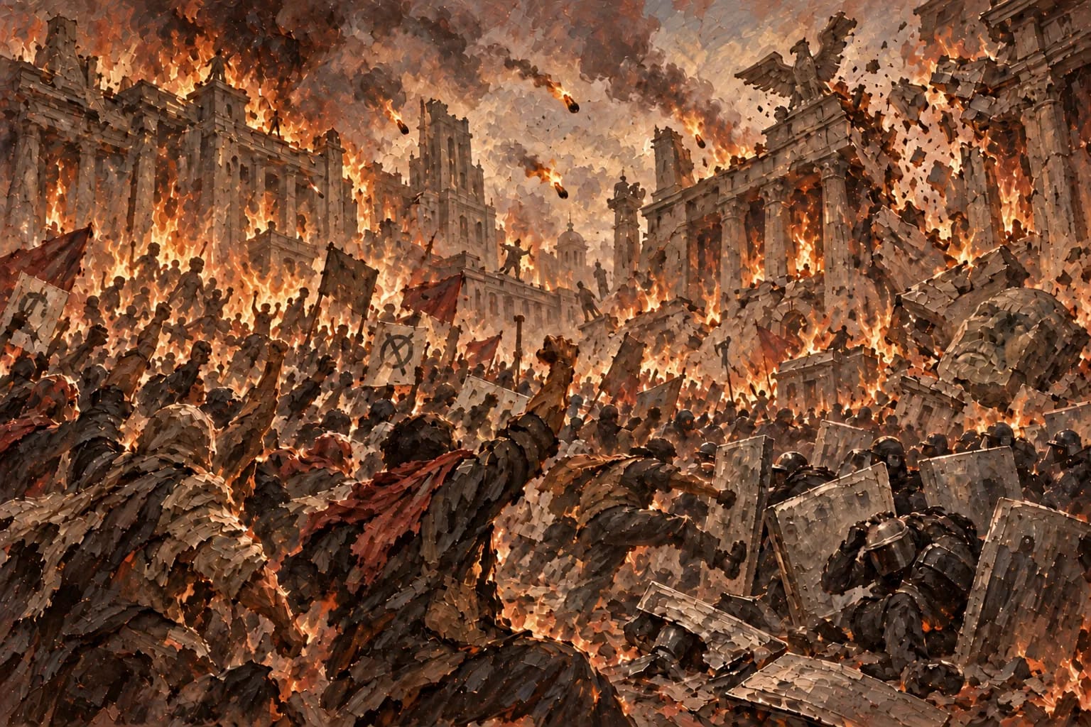 A crowd storming a burning city
